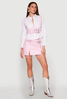 Womens Faux Leather Buckle Front Fringe Skirt, Pink, Size XL