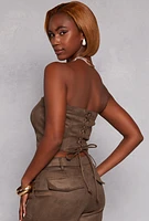 Womens Faux Suede Zip Front Corset Tube Top, Brown, Size L