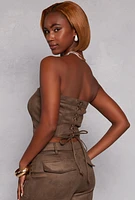 Womens Faux Suede Zip Front Corset Tube Top, Brown, Size S