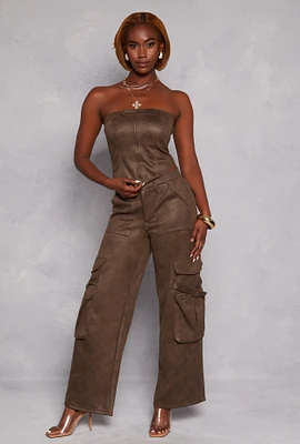 Womens Faux Suede Cargo Pants, Brown, Size XL