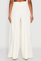 Womens Paper Bag Waist Wide Leg Pants, White,