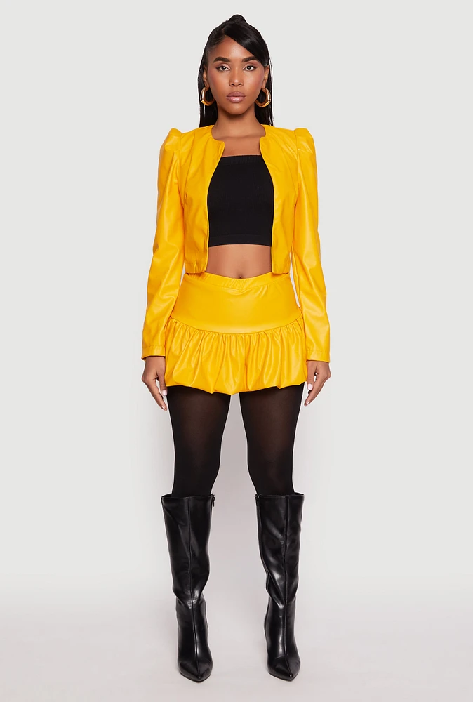 Womens Faux Leather Bubble Mini Skort, Yellow, Size M