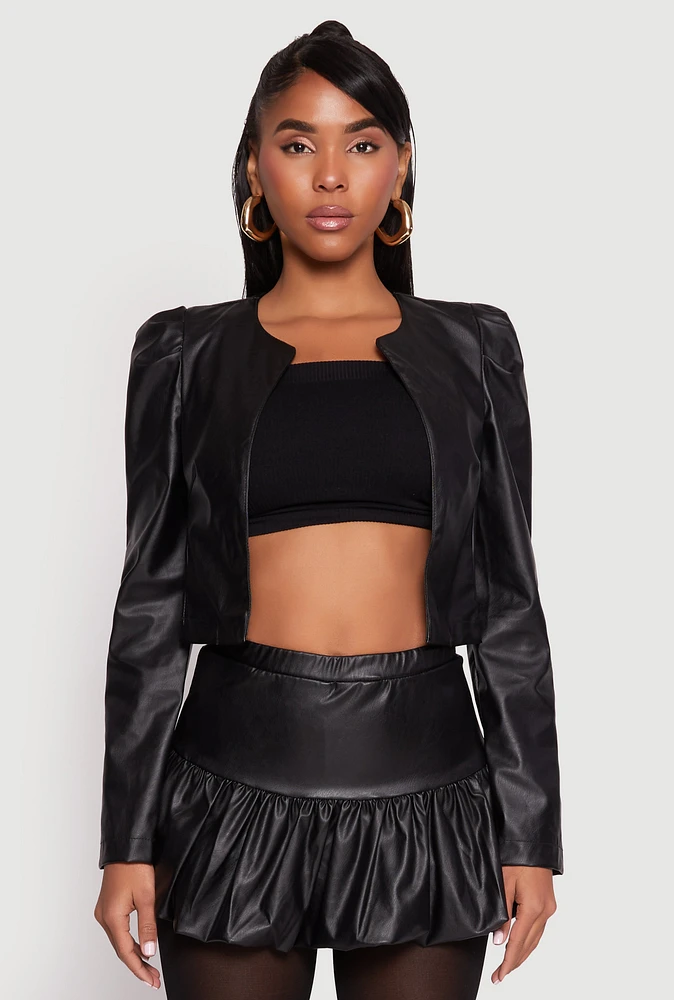 Womens Faux Leather Puff Sleeve Cropped Jacket, Black, Size L