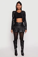 Womens Faux Leather Puff Sleeve Cropped Jacket, Black, Size L