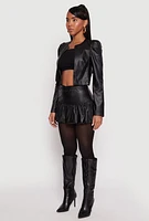 Womens Faux Leather Puff Sleeve Cropped Jacket, Black, Size L