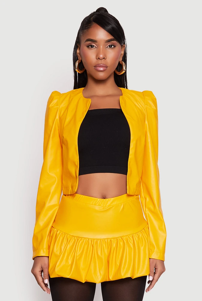 Womens Faux Leather Puff Sleeve Cropped Jacket, Yellow, Size S