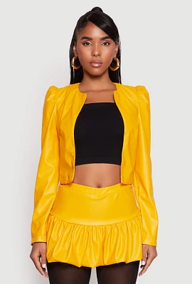 Womens Faux Leather Puff Sleeve Cropped Jacket, Yellow, Size S