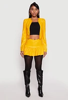 Womens Faux Leather Puff Sleeve Cropped Jacket, Yellow,