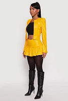 Womens Faux Leather Puff Sleeve Cropped Jacket, Yellow, Size S
