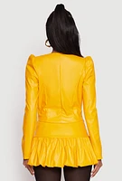 Womens Faux Leather Puff Sleeve Cropped Jacket, Yellow,