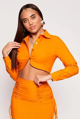 Womens Hyperstretch Cropped Button Front Shirt, Orange, Size M