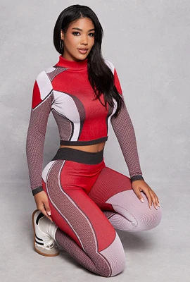Womens Color Block Seamless Compression Rib Active Top, Red, Size S-M
