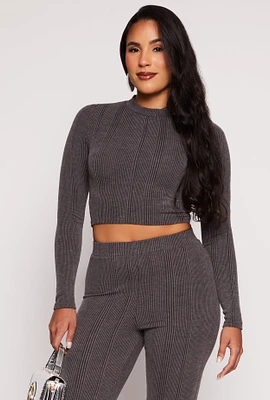 Womens Ribbed Knit Long Sleeve Crop Top, Grey, Size M