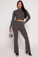 Womens Ribbed Knit Long Sleeve Crop Top, Grey, Size L
