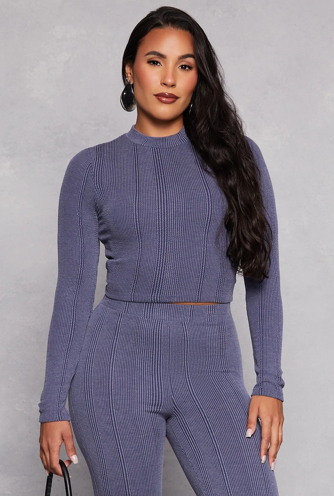 Womens Ribbed Knit Long Sleeve Crop Top, Blue, Size M