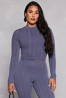 Womens Ribbed Knit Long Sleeve Crop Top, Blue, Size M