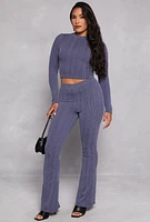 Womens Ribbed Knit Long Sleeve Crop Top, Blue, Size M