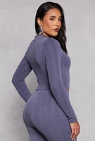 Womens Ribbed Knit Long Sleeve Crop Top, Blue, Size M
