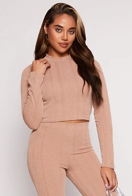 Womens Ribbed Knit Long Sleeve Crop Top, Beige, Size M