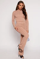 Womens Ribbed Knit Long Sleeve Crop Top, Beige, Size M