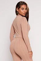 Womens Ribbed Knit Long Sleeve Crop Top, Beige, Size M