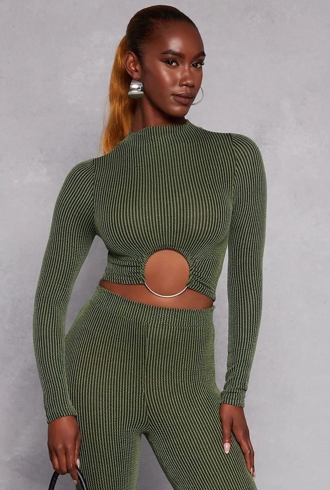 Womens O Ring Ribbed Knit Crop Top, Green, Size L