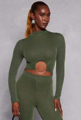 Womens O Ring Ribbed Knit Crop Top, Green, Size L