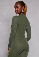 Womens O Ring Ribbed Knit Crop Top, Green, Size L