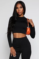 Womens Textured Knit Lace Up Back Crop Top, Black, Size L