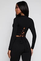 Womens Textured Knit Lace Up Back Crop Top, Black, Size L