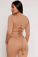 Womens Textured Knit Lace Up Back Crop Top, Brown, Size M