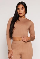 Womens Textured Knit Lace Up Back Crop Top, Brown, Size M