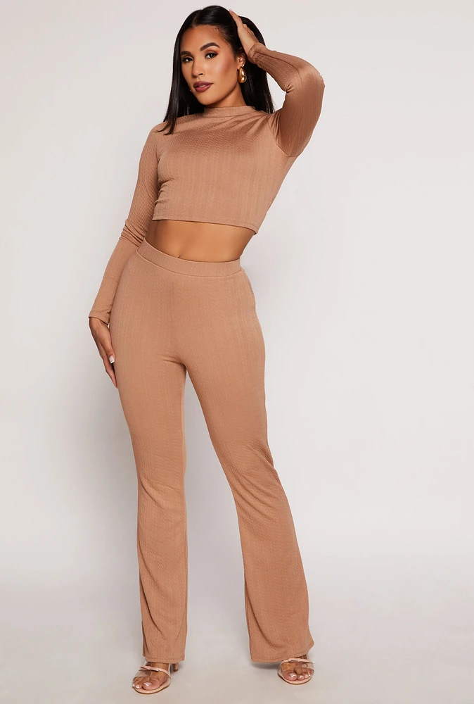 Womens Textured Knit High Waist Flare Pants, Brown, Size S