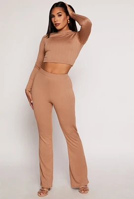 Womens Textured Knit High Waist Flare Pants, Brown, Size S