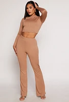 Womens Textured Knit High Waist Flare Pants, Brown, Size S