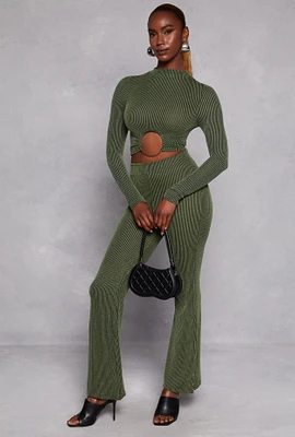 Womens Textured Ribbed Knit Flared Pants, Green, Size L