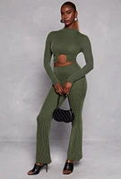 Womens Textured Ribbed Knit Flared Pants, Green, Size L