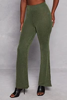 Womens Textured Ribbed Knit Flared Pants, Green, Size L