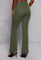 Womens Textured Ribbed Knit Flared Pants, Green, Size L