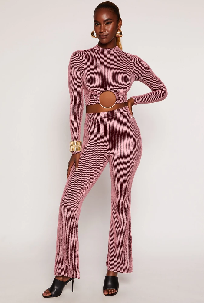 Womens Textured Ribbed Knit Flared Pants, Pink, Size L
