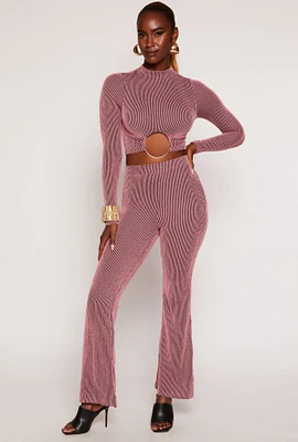 Womens Textured Ribbed Knit Flared Pants, Pink, Size L