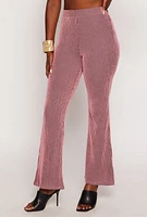 Womens Textured Ribbed Knit Flared Pants, Pink, Size L