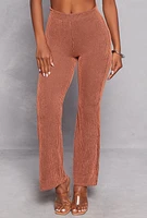 Womens Textured Ribbed Knit Flared Pants, Brown, Size XL