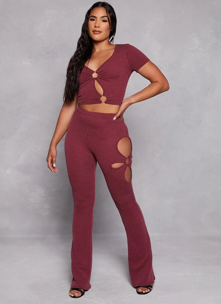 Womens O Ring Side Cut Out High Waist Pants, Burgundy, Size S