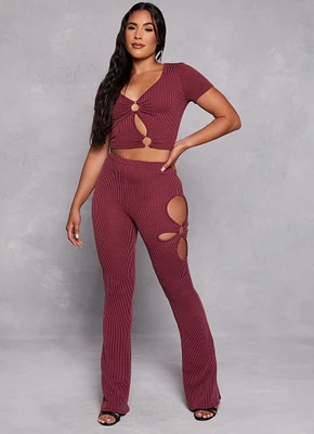 Womens O Ring Side Cut Out High Waist Pants, Burgundy, Size S
