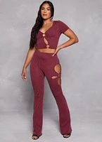 Womens O Ring Side Cut Out High Waist Pants, Burgundy, Size S