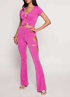 Womens O Ring Side Cut Out High Waist Pants, Pink, Size M