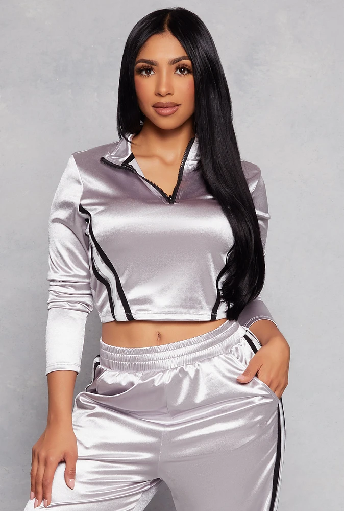 Womens Varsity Stripe Detail Zip Neck Crop Top, Grey, Size M