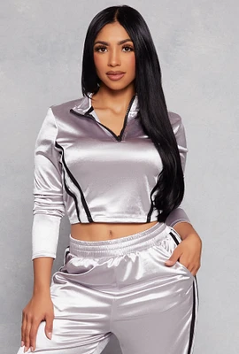 Womens Varsity Stripe Detail Zip Neck Crop Top, Grey, Size M
