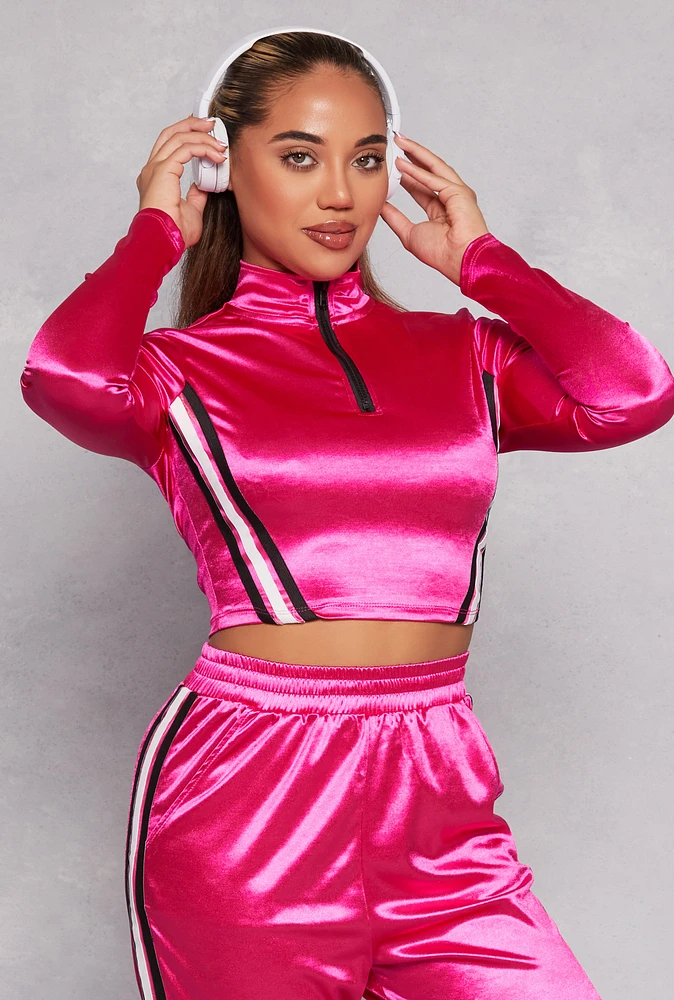 Womens Varsity Stripe Detail Zip Neck Crop Top, Pink, Size L